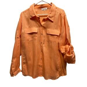 CALVIN KLEIN Sz.‎ 1X Linen Roll Tab Sleeve Blouse Button Up Pockets Resort